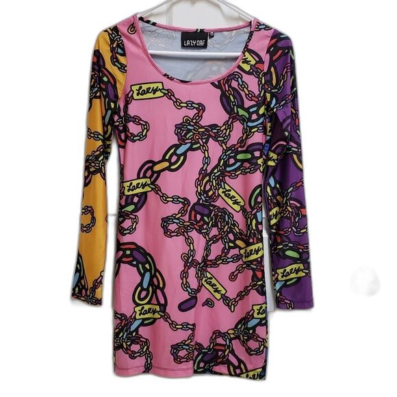 Lazy Oaf Dress Medium Pink Multicolor Chain Logo Bodycon Stretchy Wearable Art - Picture 1 of 9